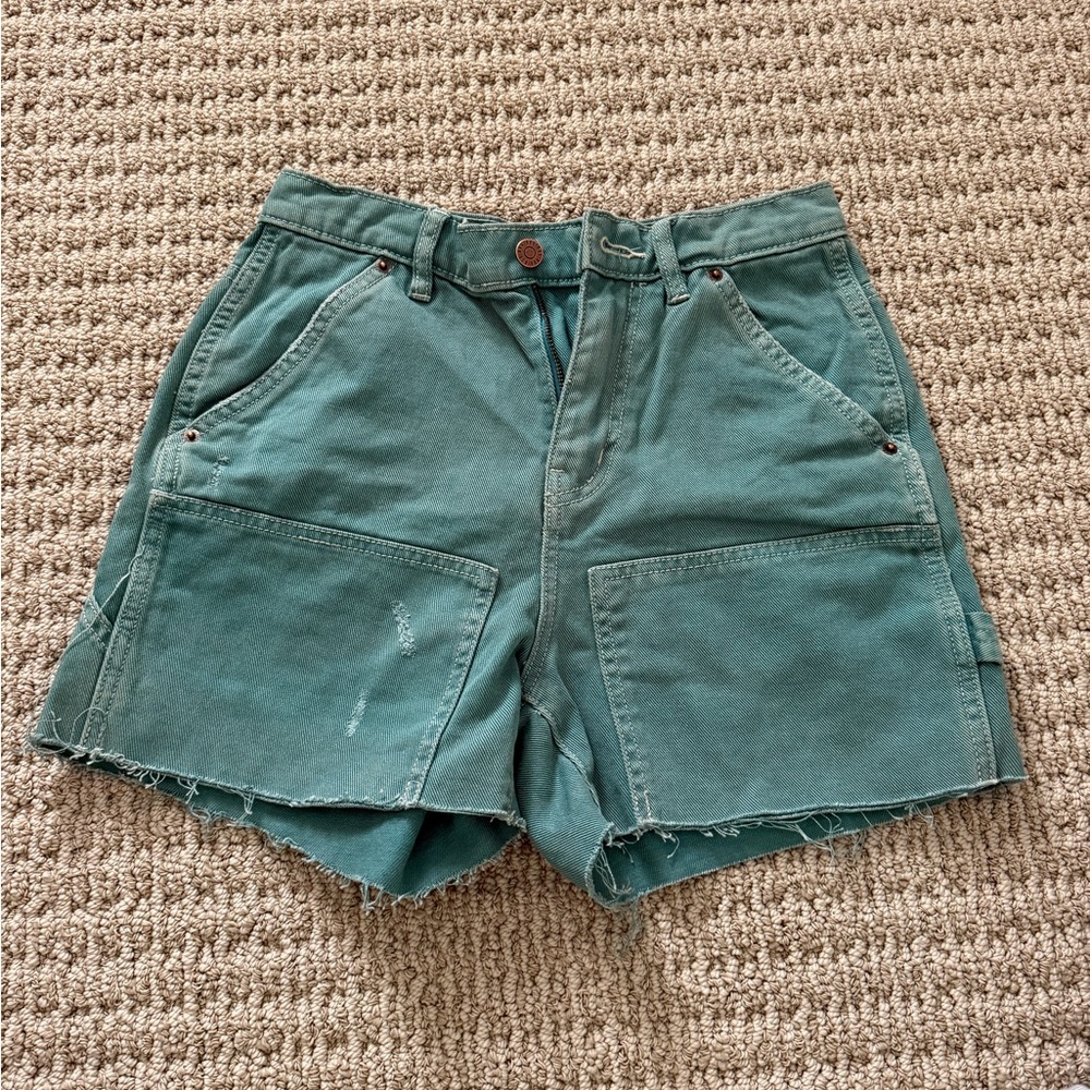 Teal Frayed Hem Women Shorts